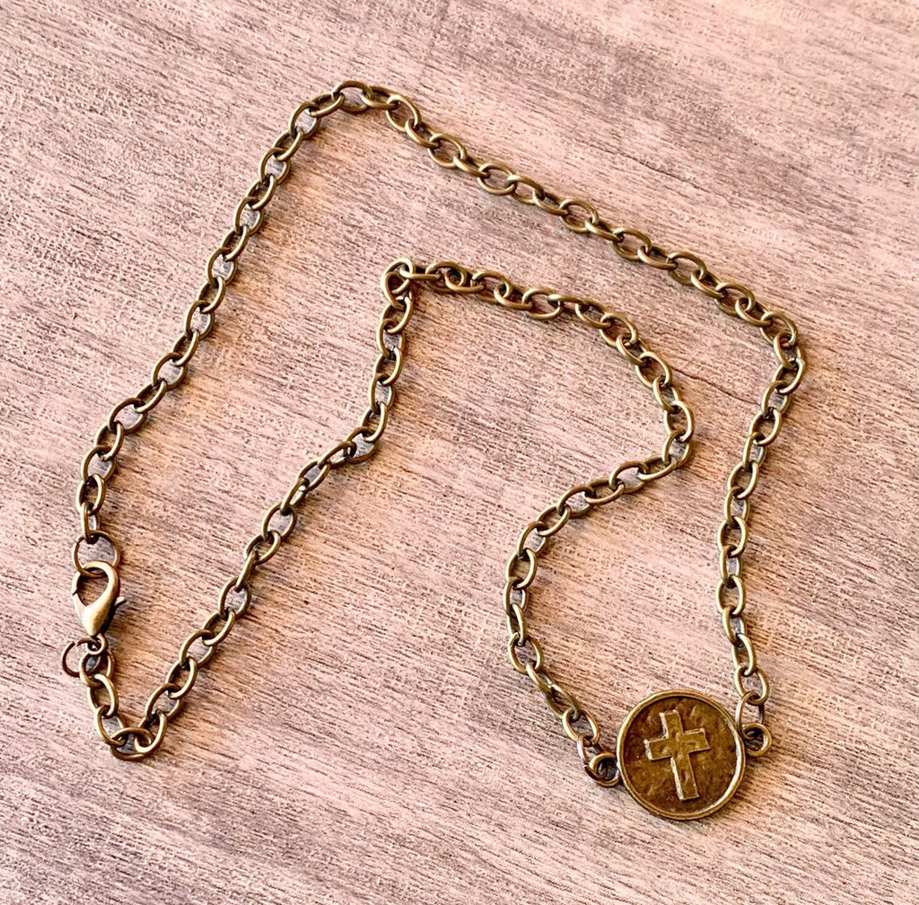 Cross on a Coin Pendant on a 17" Antique Brass/ Gold Color Necklace/Choker