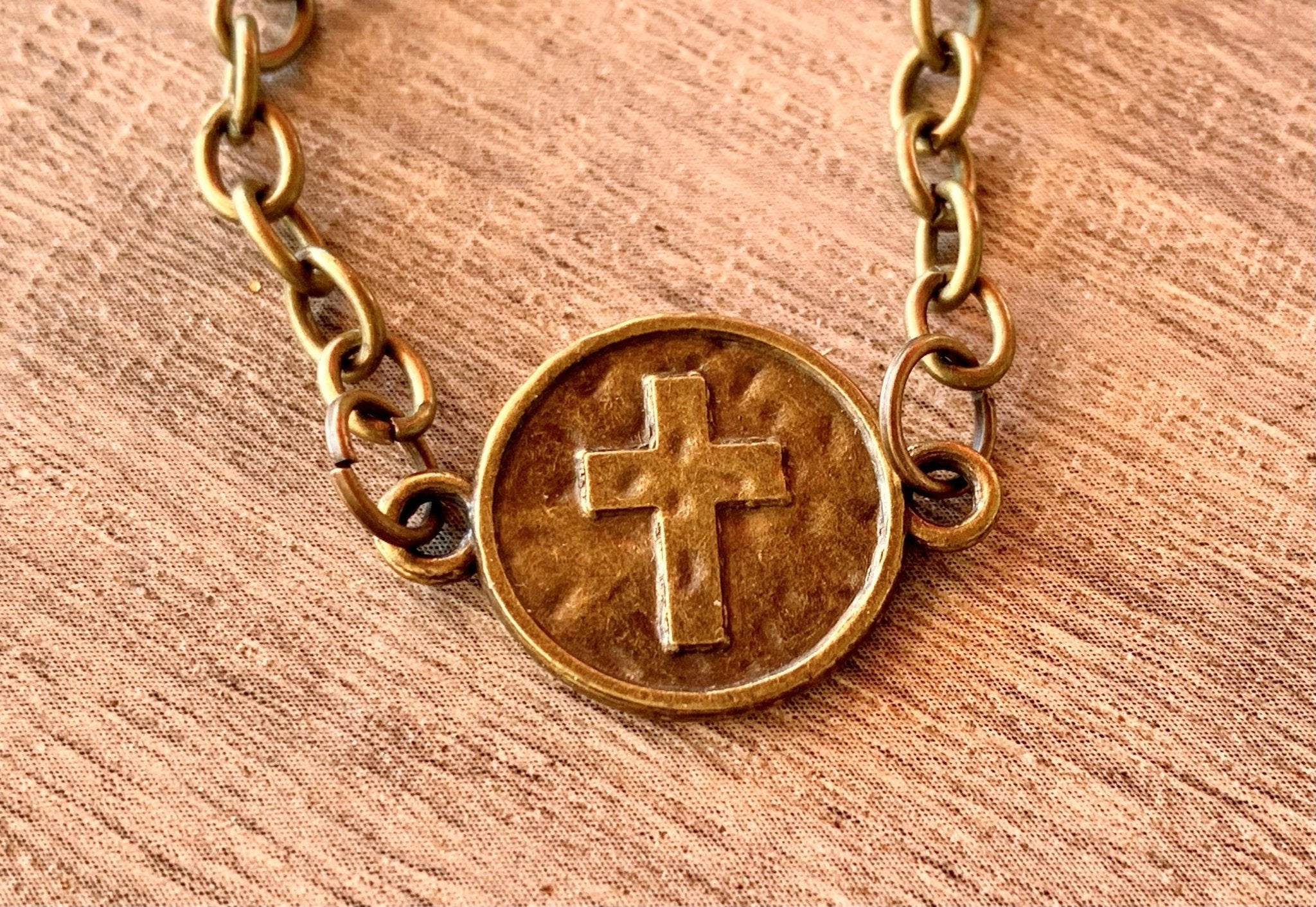 Cross on a Coin Pendant on a 17" Antique Brass/ Gold Color Necklace/Choker