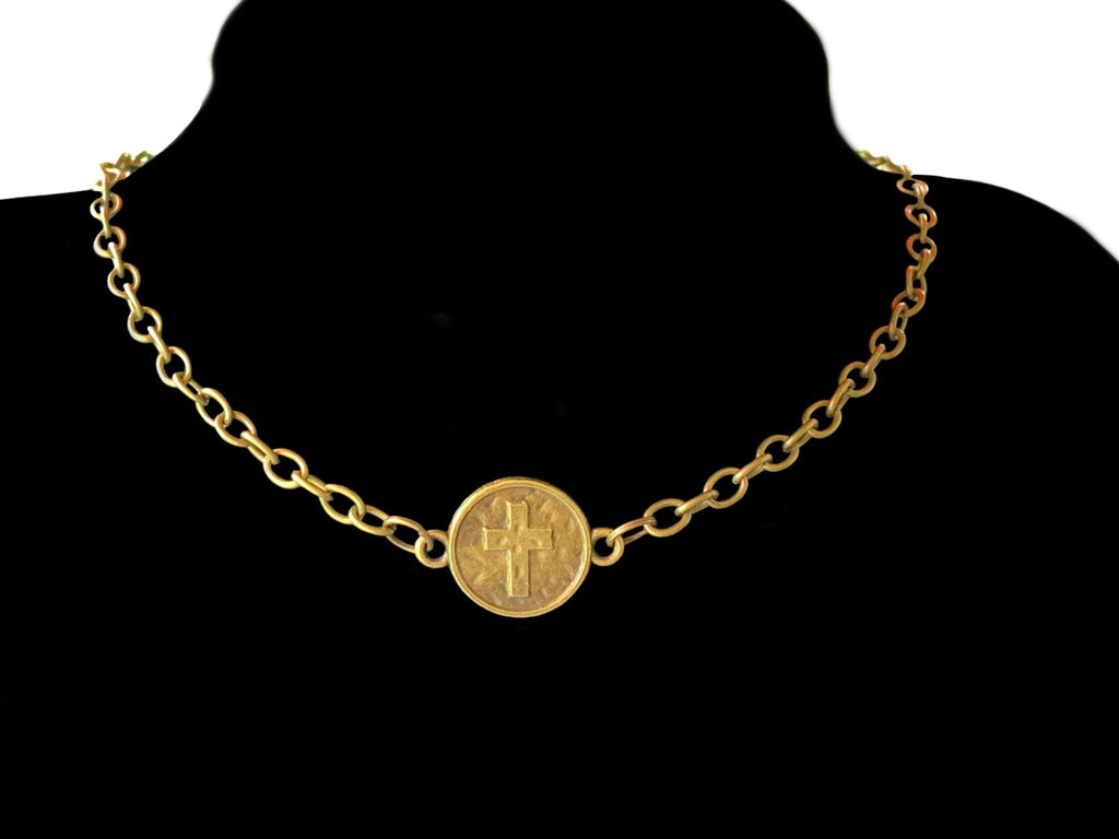Cross on a Coin Pendant on a 17" Antique Brass/ Gold Color Necklace/Choker