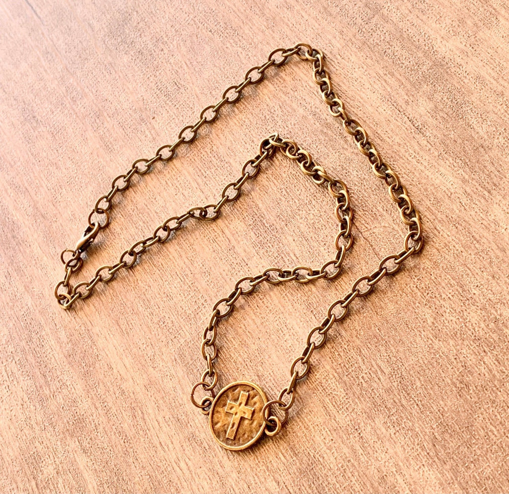 Cross on a Coin Pendant on a 17" Antique Brass/ Gold Color Necklace/Choker