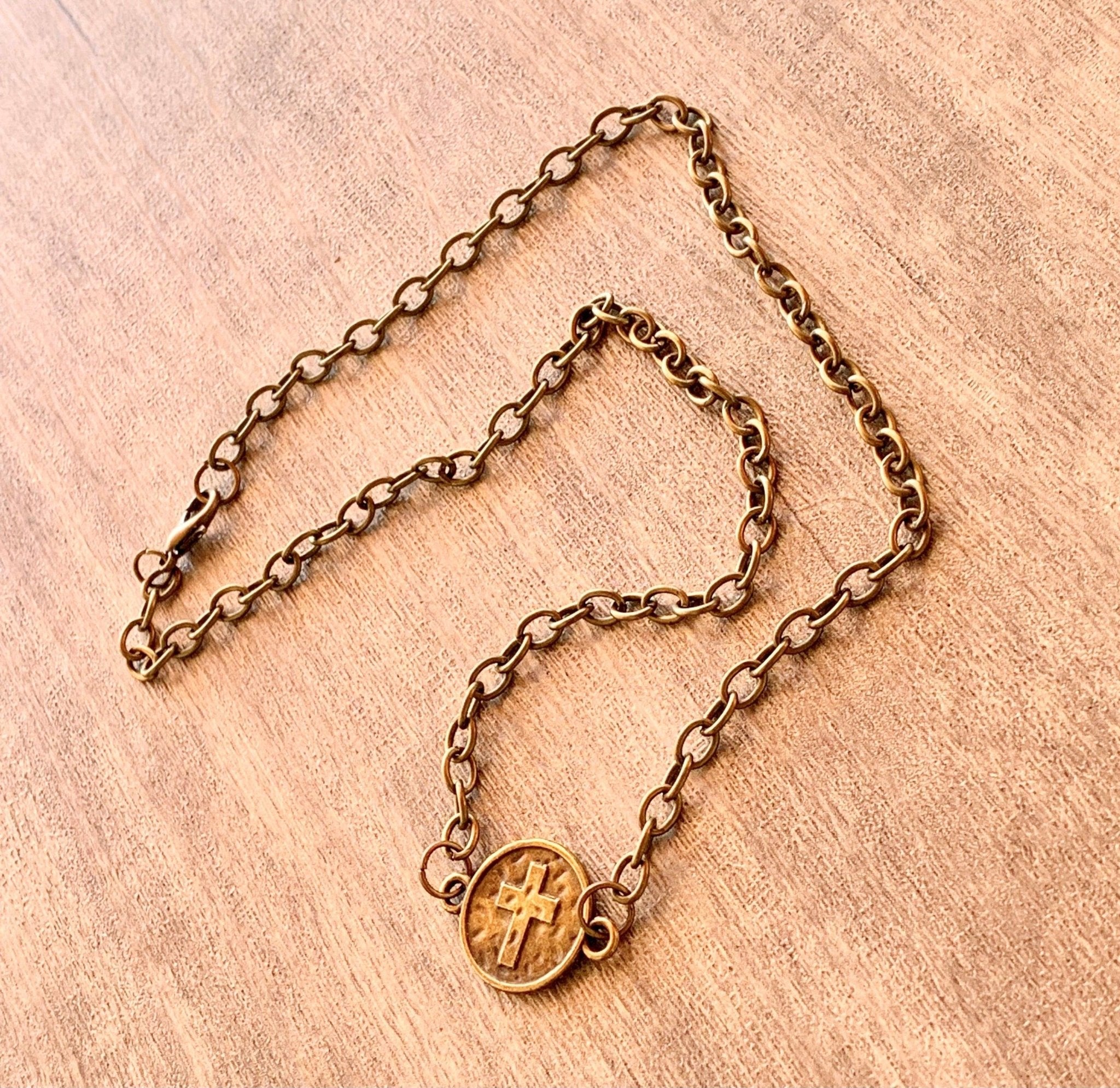 Cross on a Coin Pendant on a 17" Antique Brass/ Gold Color Necklace/Choker