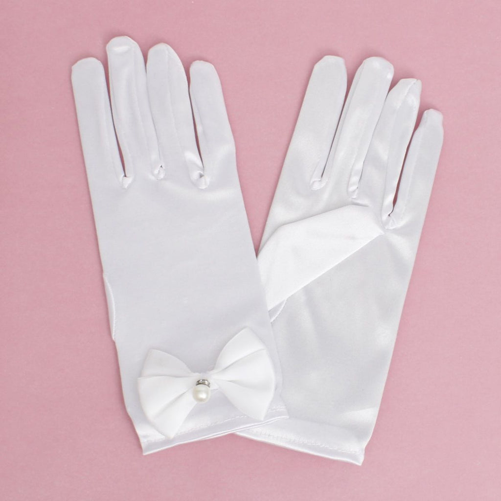 Women’s Formal Satin Gloves with Pearl and Bow Detail – Elegant Chic Accessory
