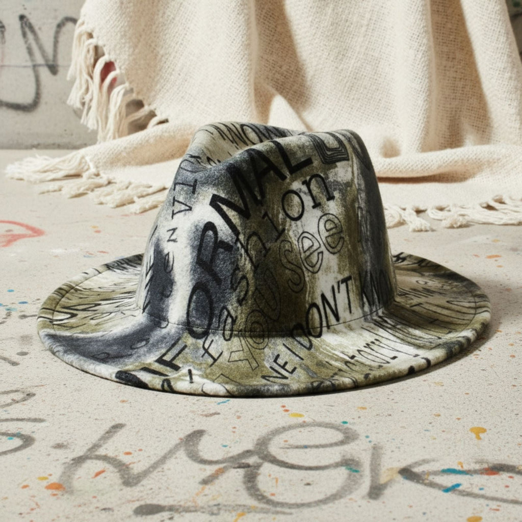 Fashion Fedora Hat Olive Green Black Tie Dye Graffiti Trendy Casual Accessory