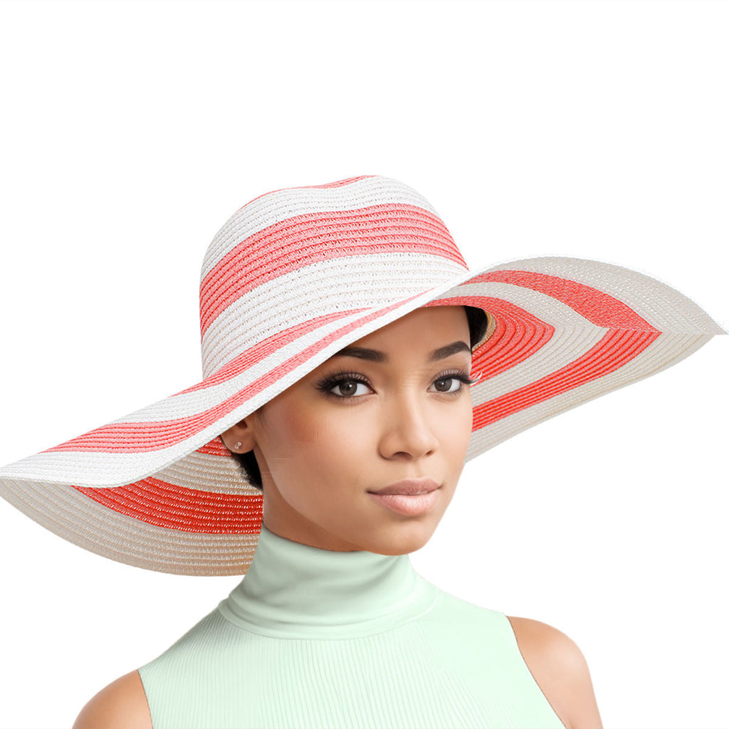 Wide Brim Straw Hat Pink White Striped Stylish Summer Accessory
