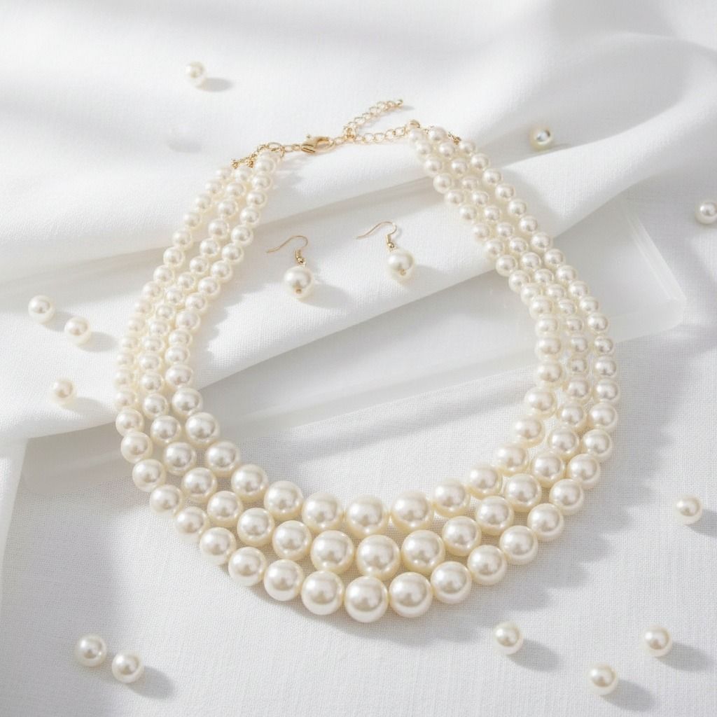 Layered 3-Strand Gold Necklace Set with Cream Pearl Accents – Stylish Elegant Statement Jewelry