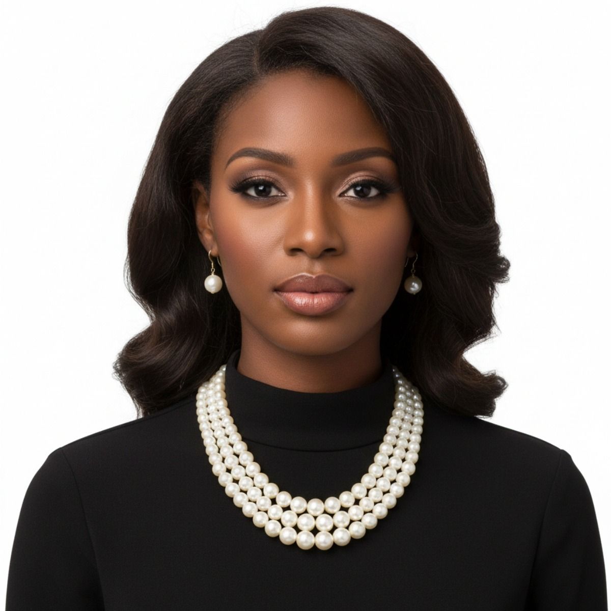 Layered 3-Strand Gold Necklace Set with Cream Pearl - Stylish Elegant Statement Jewelry