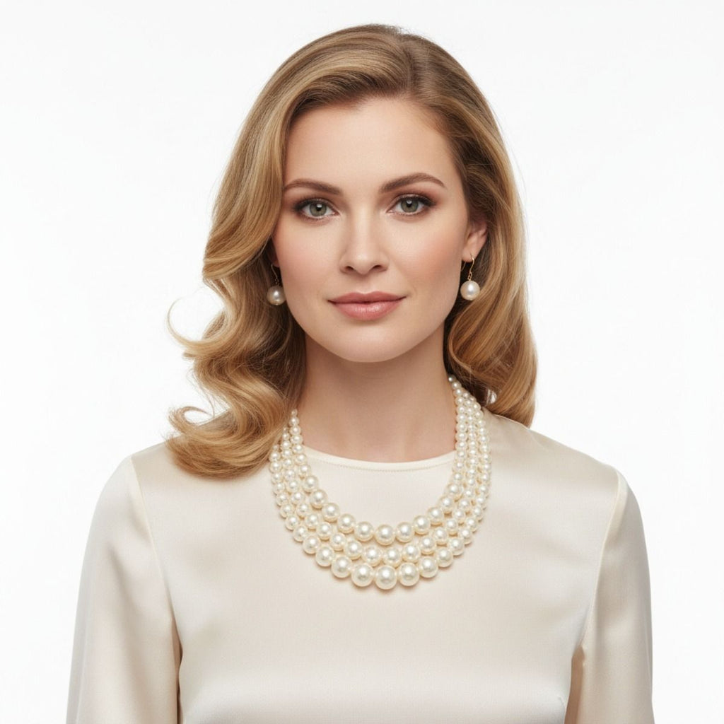 Layered 3-Strand Gold Necklace Set with Cream Pearl Accents – Stylish Elegant Statement Jewelry