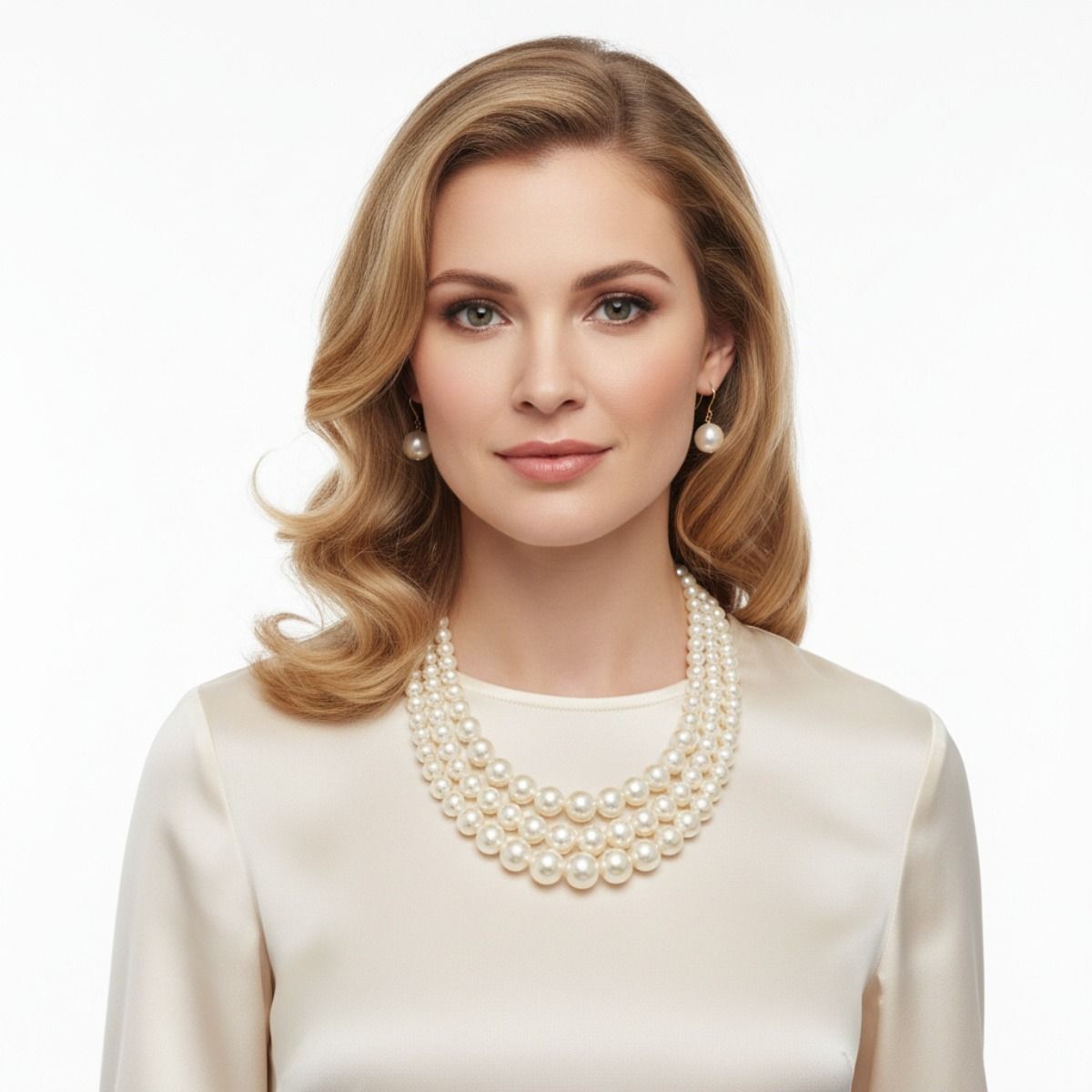 Layered 3-Strand Gold Necklace Set with Cream Pearl Accents – Stylish Elegant Statement Jewelry
