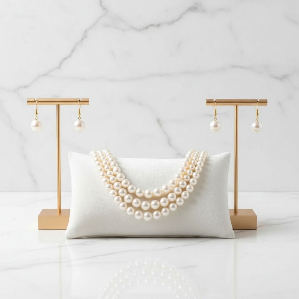 Layered 3-Strand Gold Necklace Set with Cream Pearl - Stylish Elegant Statement Jewelry