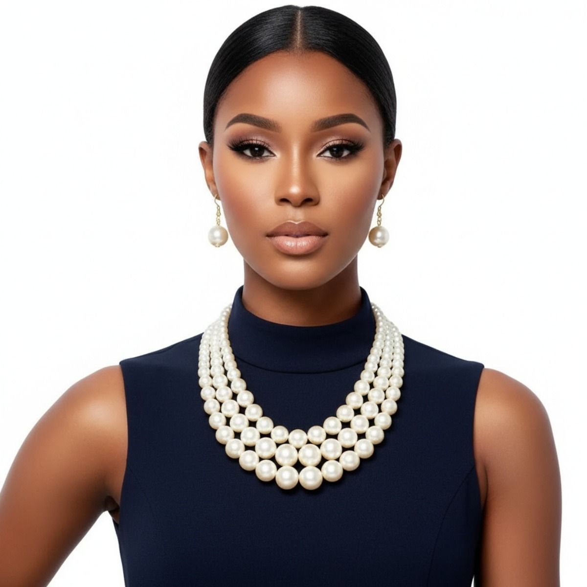 Layered 3-Strand Gold Necklace Set with Cream Pearl - Stylish Elegant Statement Jewelry