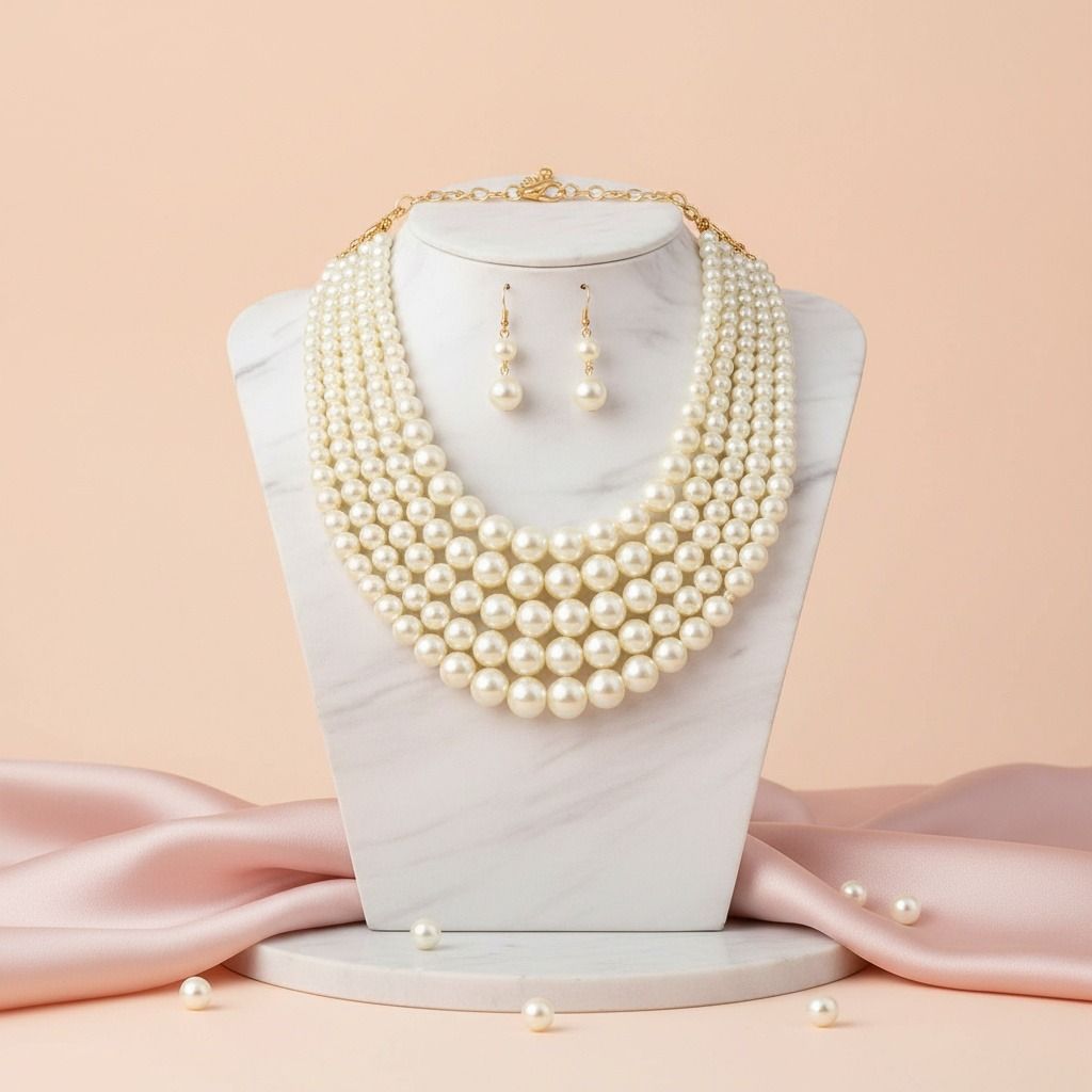 Multi Strand Cream Pearl Statement Necklace Set Elegant Chic Jewelry