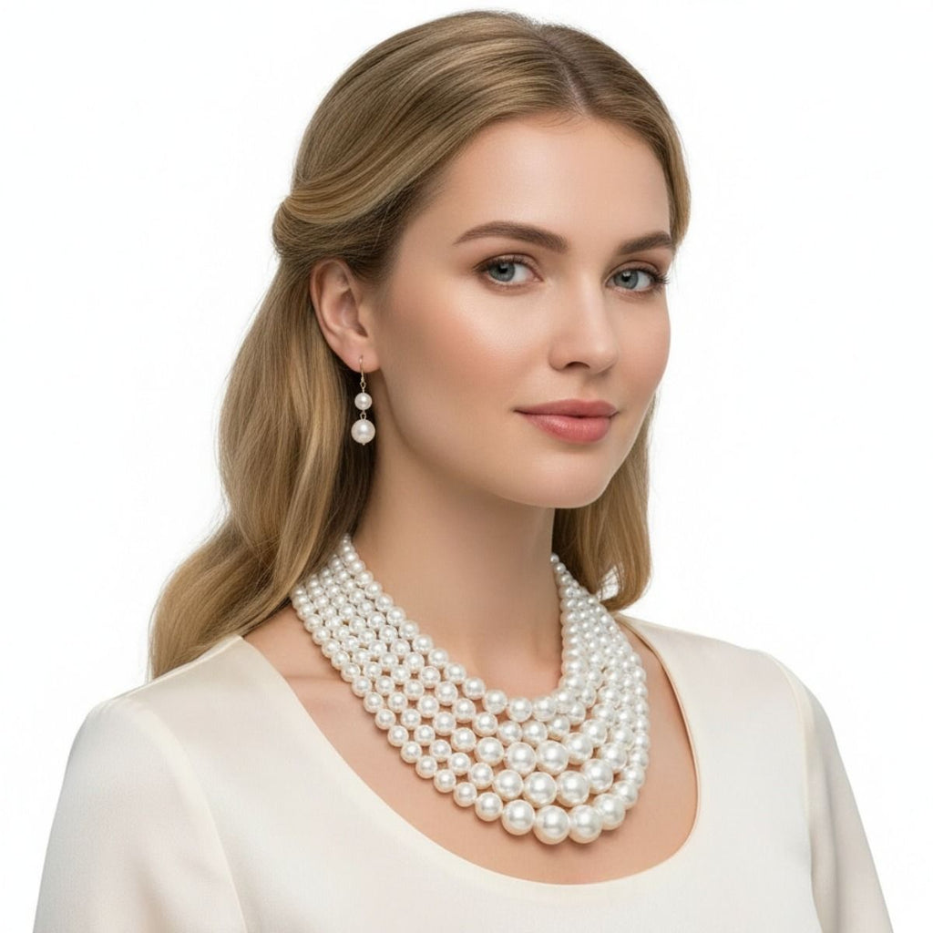 Multi Strand Cream Pearl Statement Necklace Set Chic Elegant Layered Jewelry