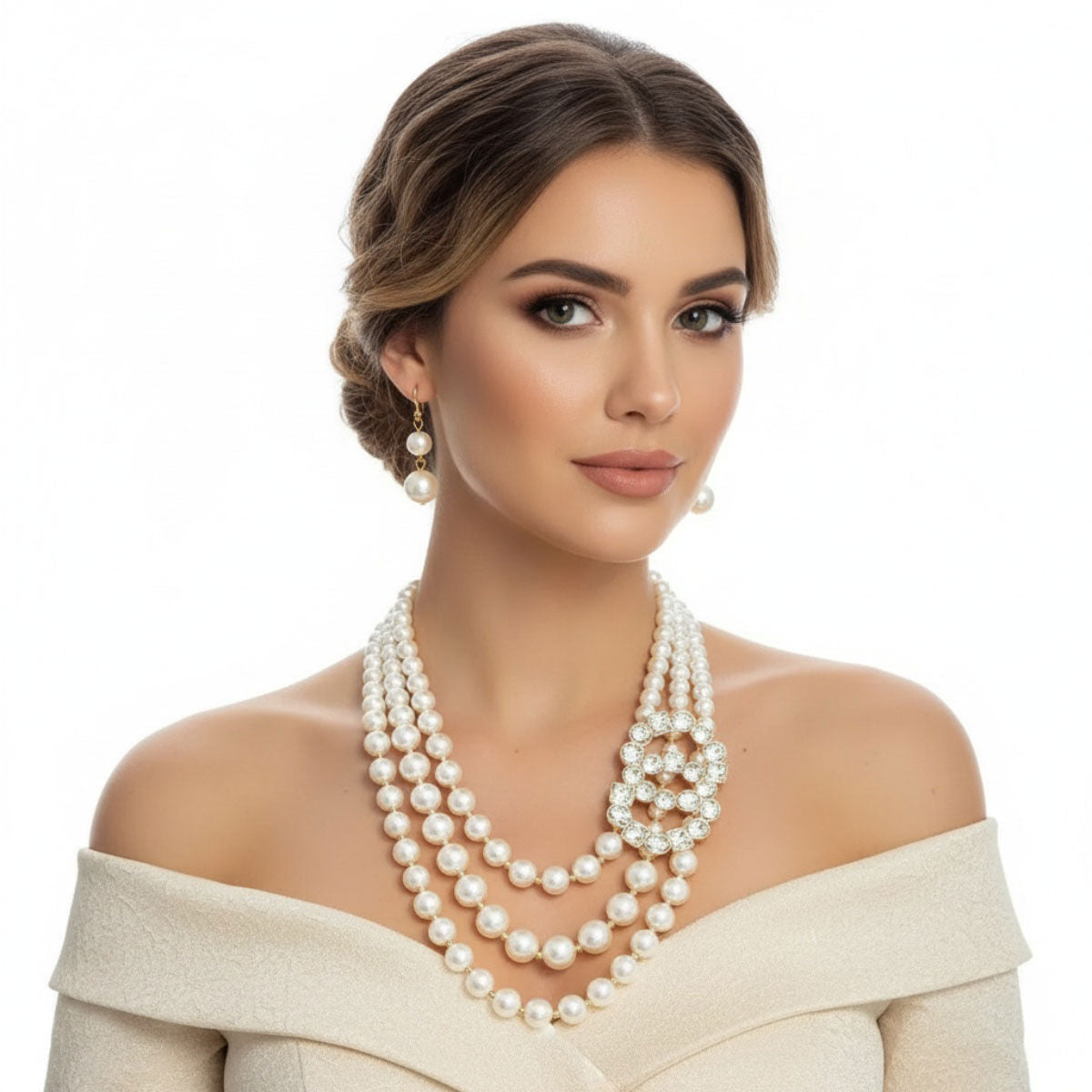 Layered Cream Pearl Necklace Set with Crystal Infinity Ring – Elegant Statement Jewelry