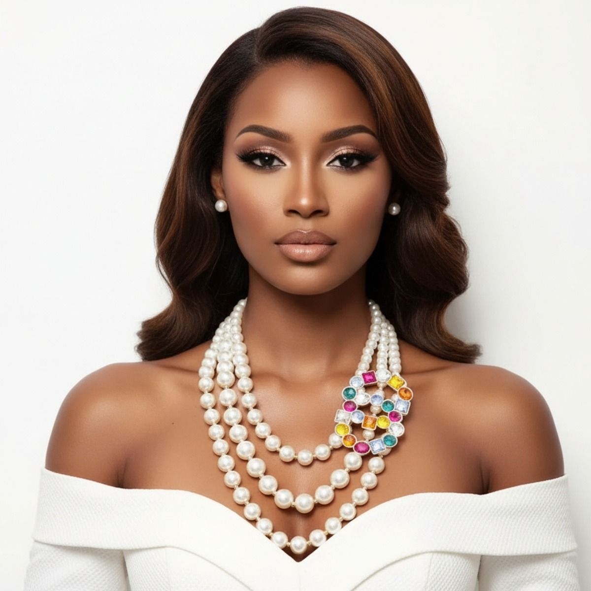 Statement Necklace Set Multi-Color Infinity Ring with 3-Layer Pearl Necklace Trendy Elegant Jewelry