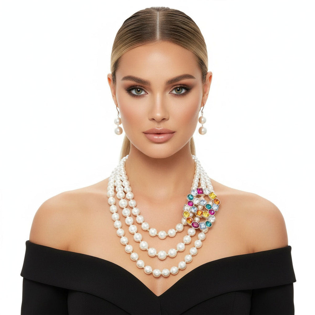 Multi-Color Infinity Ring and 3-Layer Pearl Necklace Set – Stylish Layered Statement Jewelry