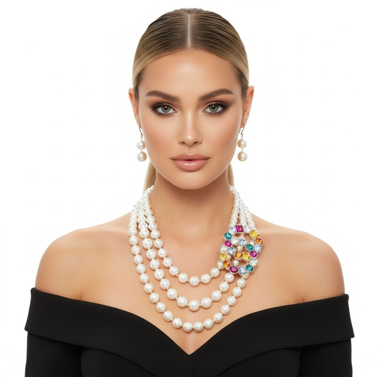 Multi-Color Infinity Ring and 3-Layer Pearl Necklace Set – Stylish Layered Statement Jewelry