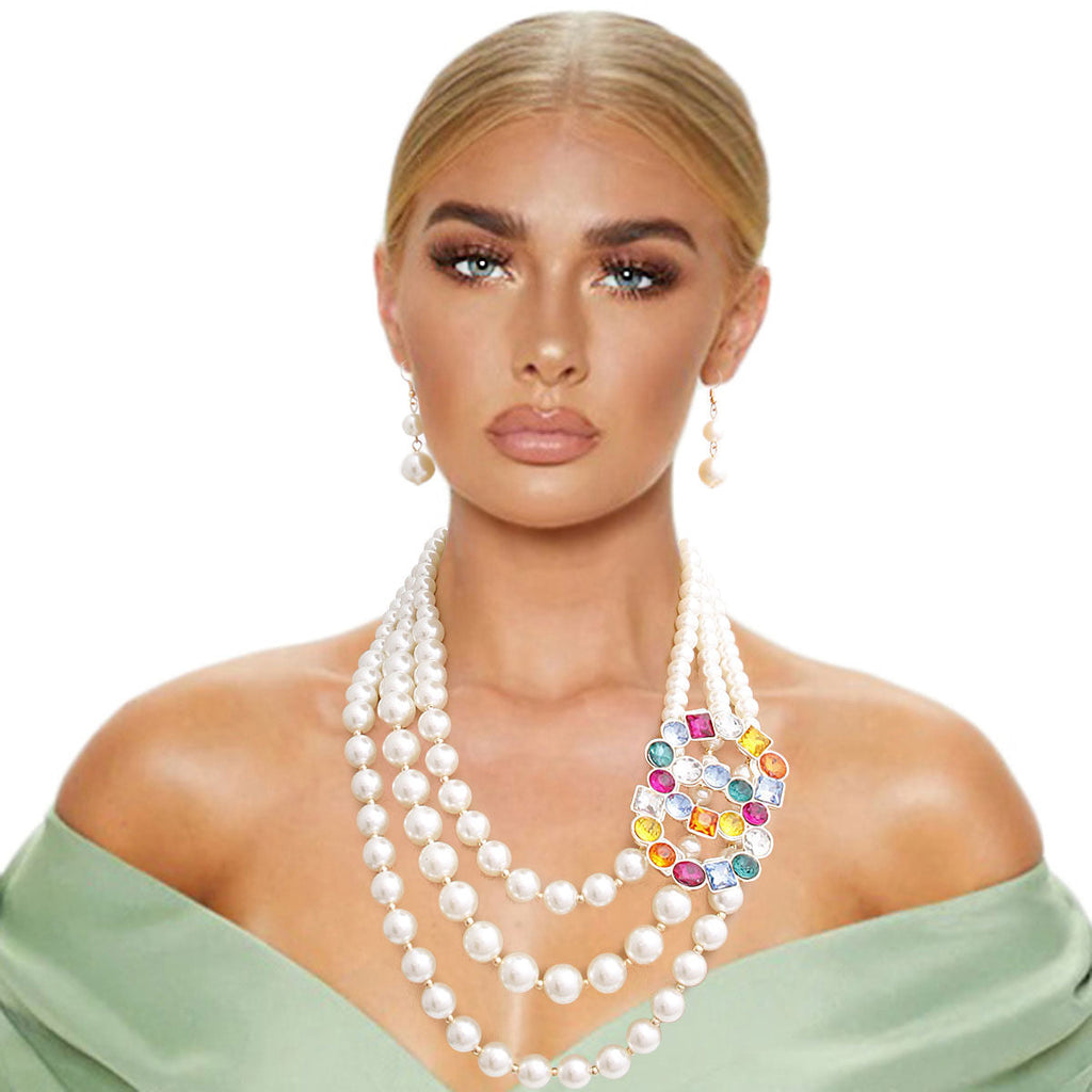 Multi-Color Infinity Ring and 3-Layer Pearl Necklace Set – Stylish Layered Statement Jewelry