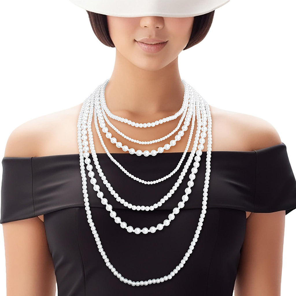 Pearl Necklace 7 Strand Long Layered White Statement Jewelry for Women
