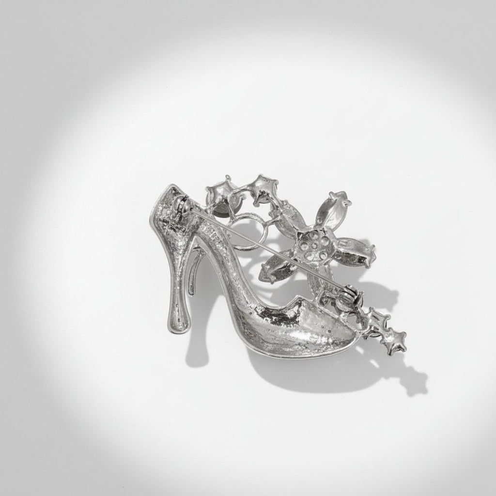 Crystal Clear High Heel Flower Silver Brooch Pin Stylish Statement Jewelry