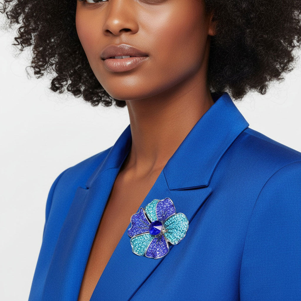 Statement Brooch Large Silver Flower Pin with Royal and Aqua Blue Accents
