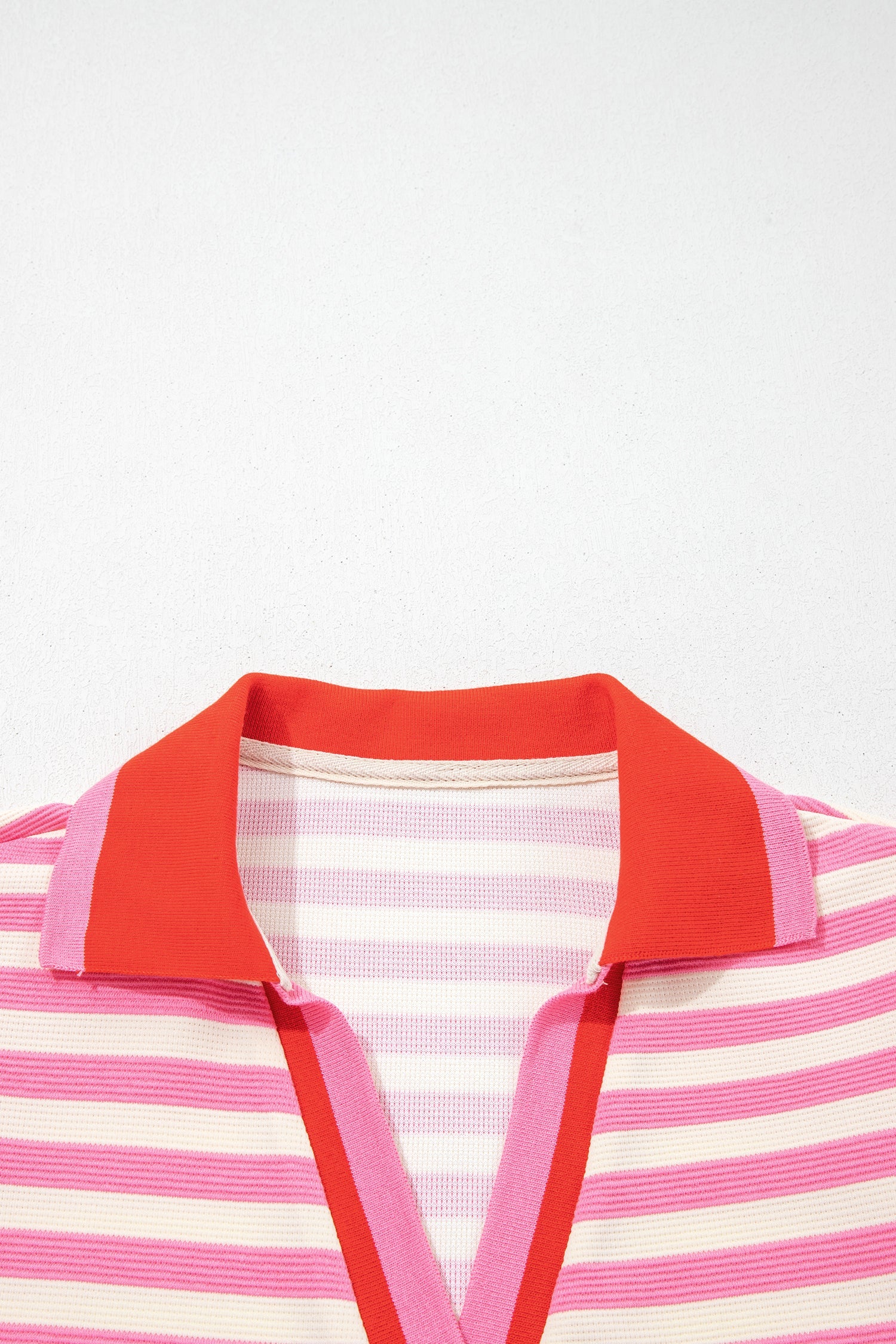 Rose Stripe Contrast Trim Polo Collar Ruffled Short Sleeve Blouse