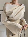 Flared Sleeves Long Sleeves Pleated Solid Color Boat Neck T-Shirts Tops