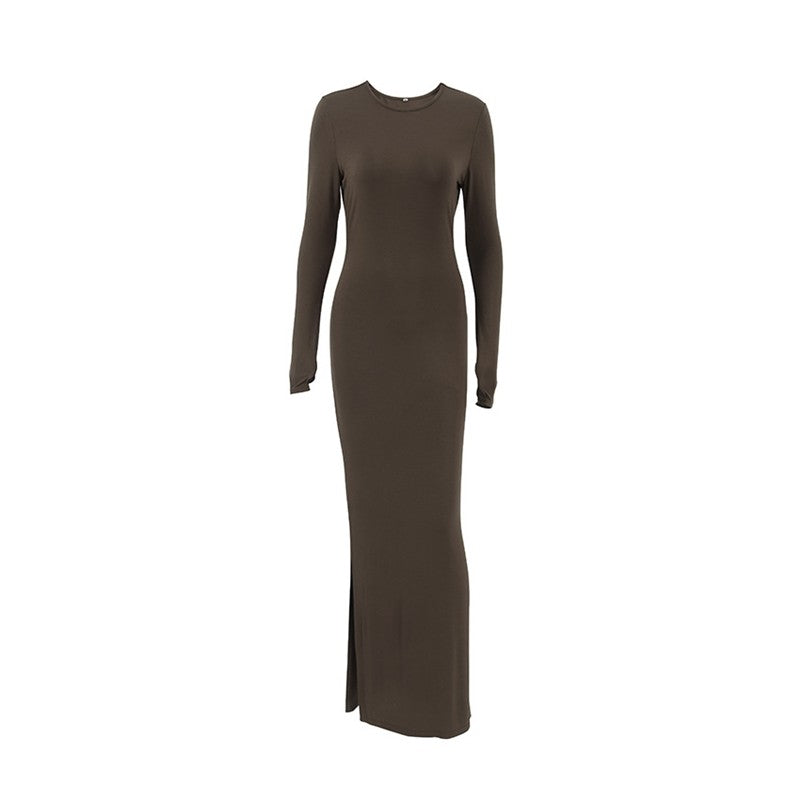 Solid Color Long Sleeve Knitted Bodycon Maxi Dress with Crewneck