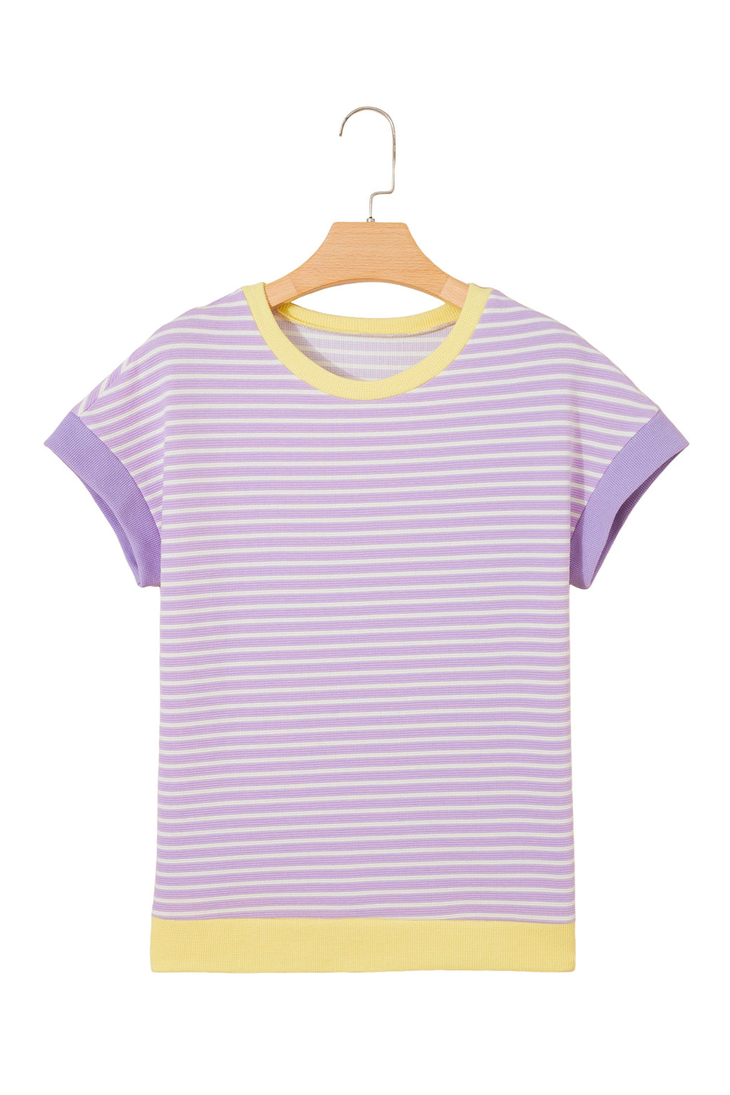 Purple Stripe Striped Colorblock Paneling Collar Cuff Hem Texture T-Shirt