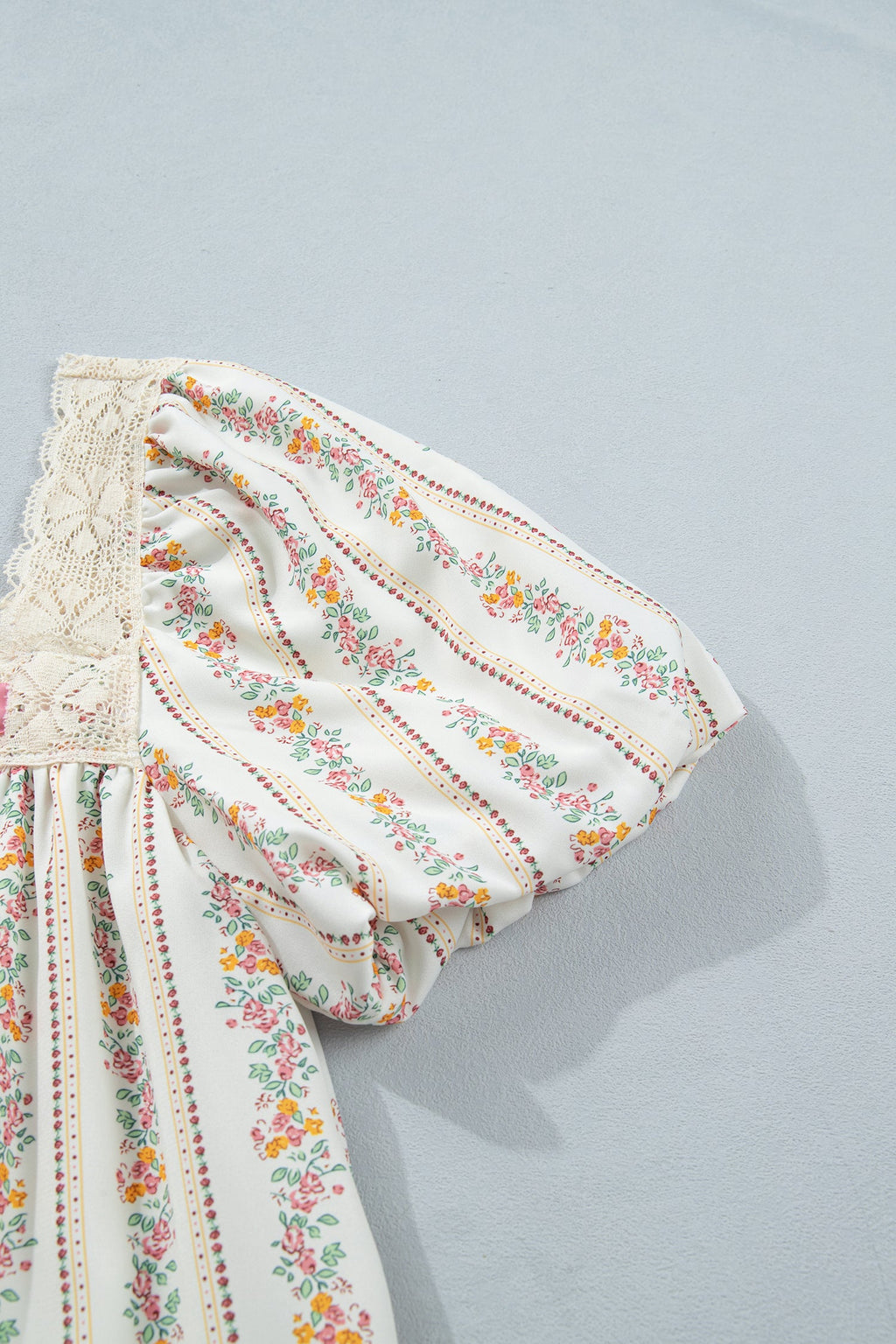 Multicolour Floral Print Contrast Ribbon Bow Lace Trim Square Neck Mini Dress