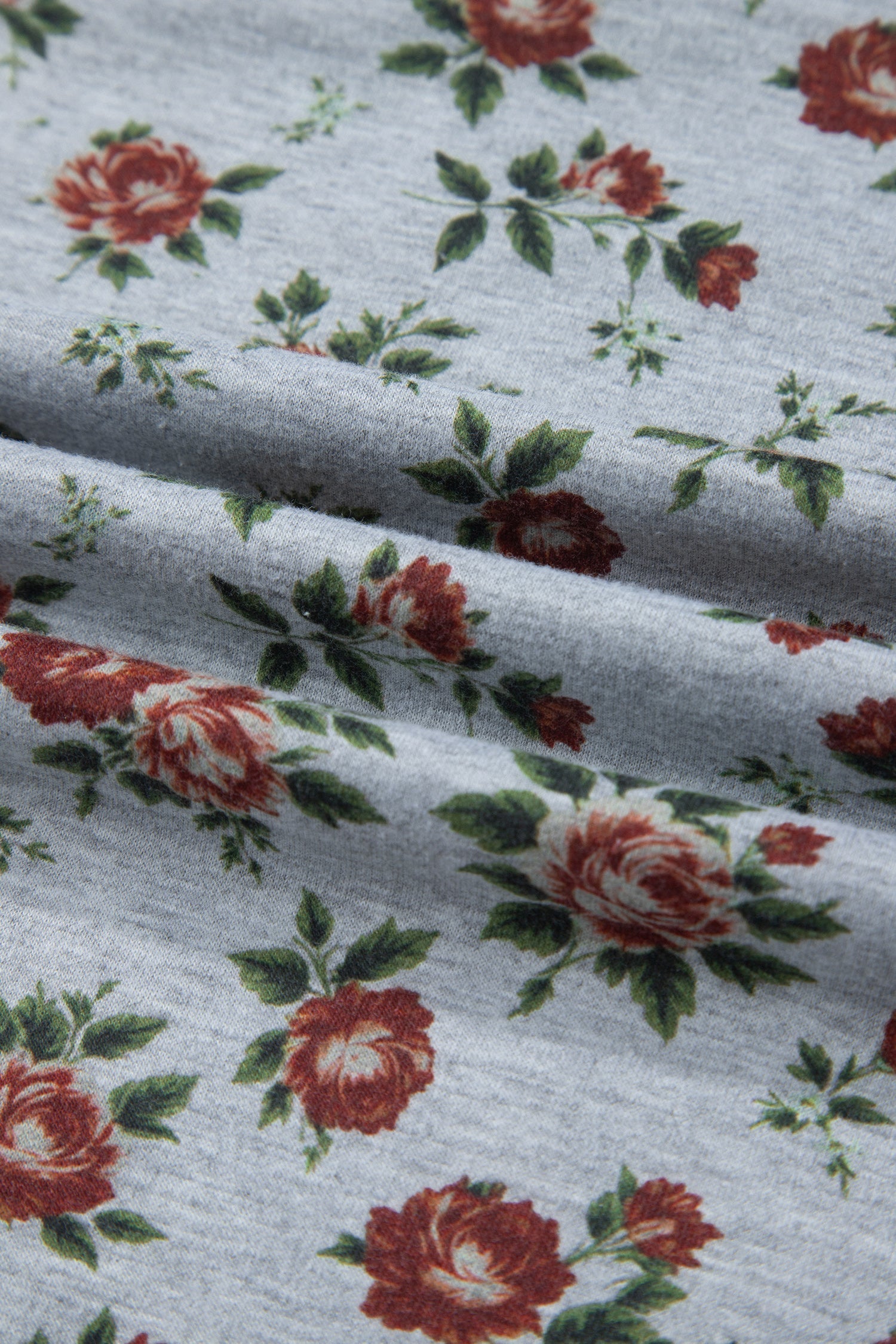 Gray Retro Floral Print Denim Patchwork Plus Size Polo Tee