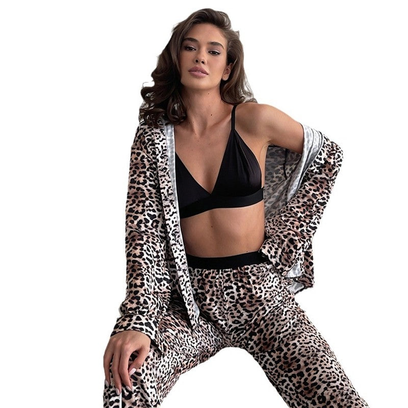 Leopard Print Long Sleeve Lapel Blouse and Pants Set - Two-piece Pajama Suit
