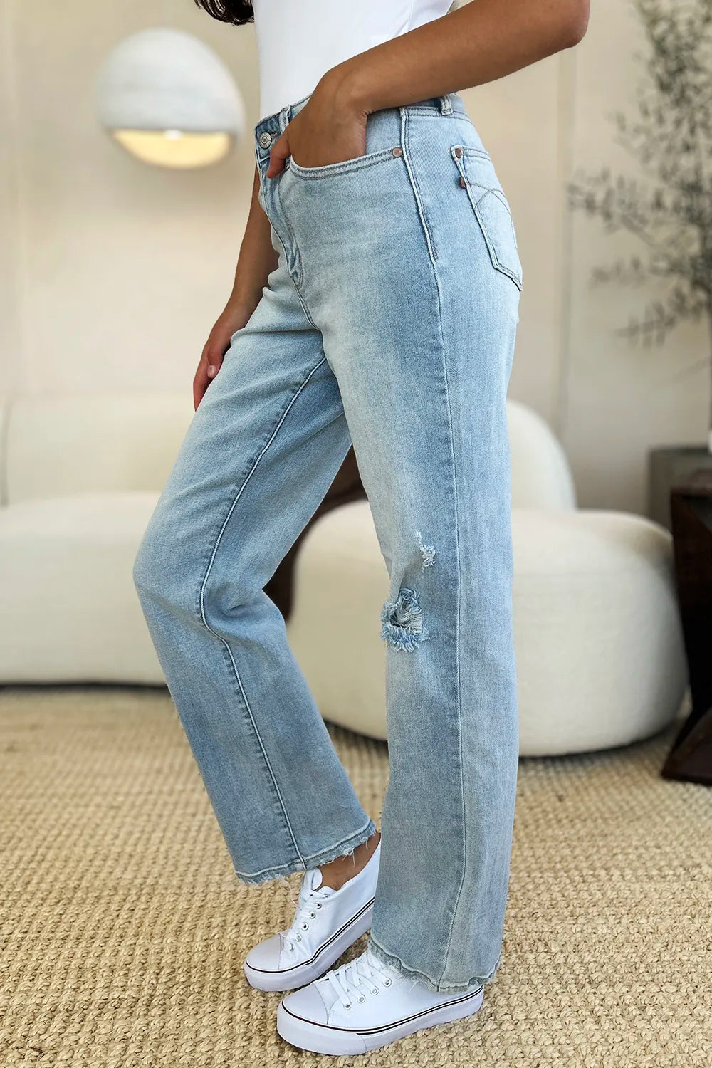 Full Size High Waist Distressed Straight Jeans
