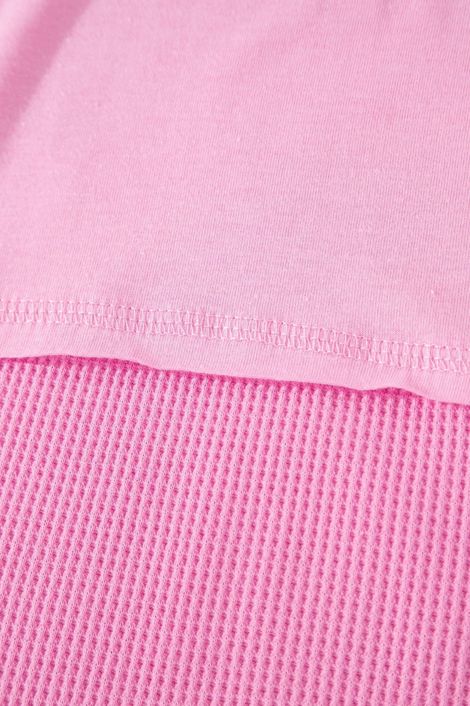 Pink Solid Color Raw Seam Waffled Patchwork Casual T Shirt