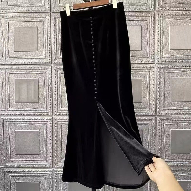 Solid Color Pleuche Slit Fish Tail Skirt