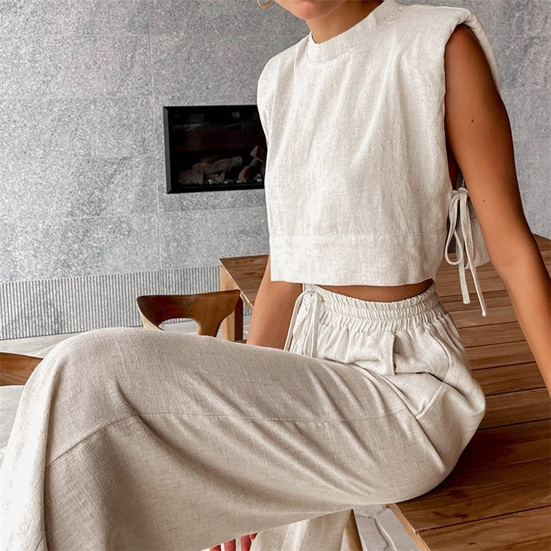 Cotton Linen Sleeveless Vest and Trousers Pajama Set for Women