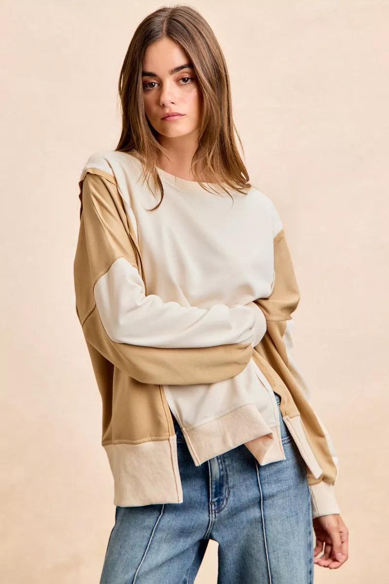 French Terry Color Block Top With Open Seam Detail