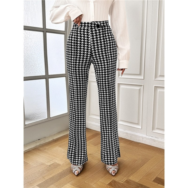 Houndstooth Pattern High-Waisted Bell Bottom Trousers