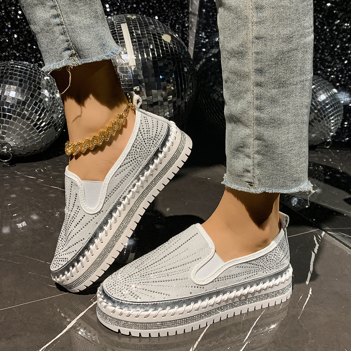 Women's Rhinestone Loafers - Casual Slip-On Dress Shoes with Thick Sole