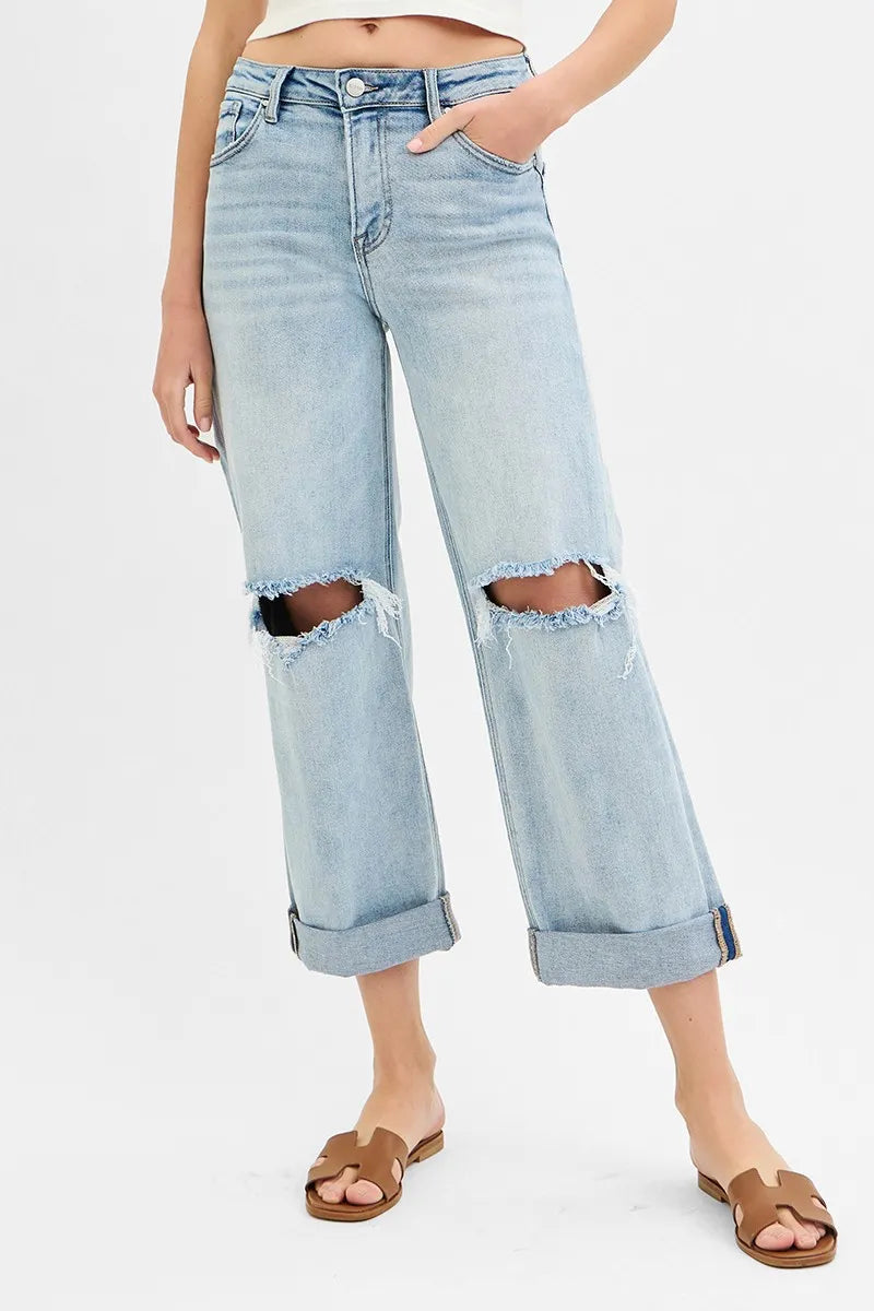 Full Size Mid Rise Fit Boyfriend Jeans with Cuff Plus Size