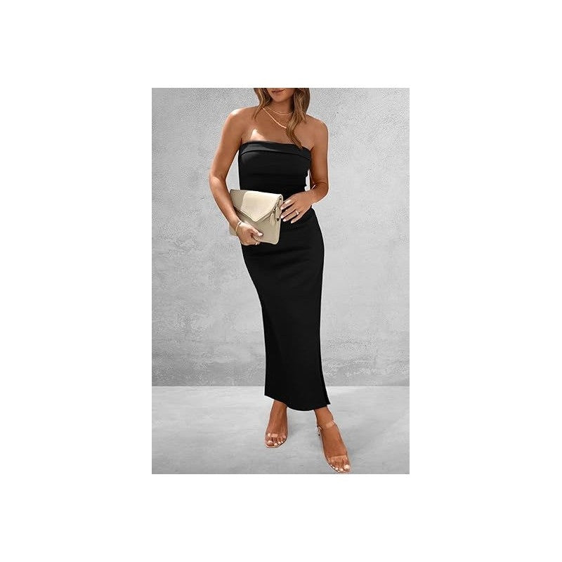 Solid Color Strapless Tube Side Slit Skinny Long Evening Dress