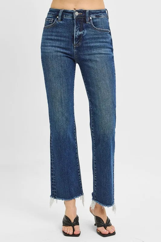 Full Size Tummy Control High Rise Crop Straight Raw Cut Hem Jeans Plus Size