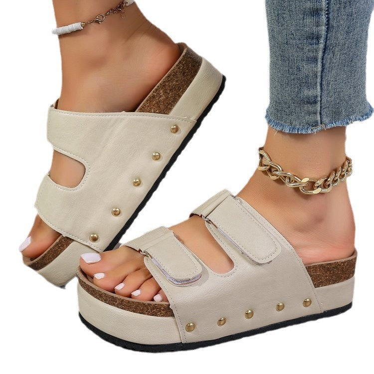 Women's Platform Sandals with Velcro Straps - Thick Sole Beach Shoes with Rivet Details