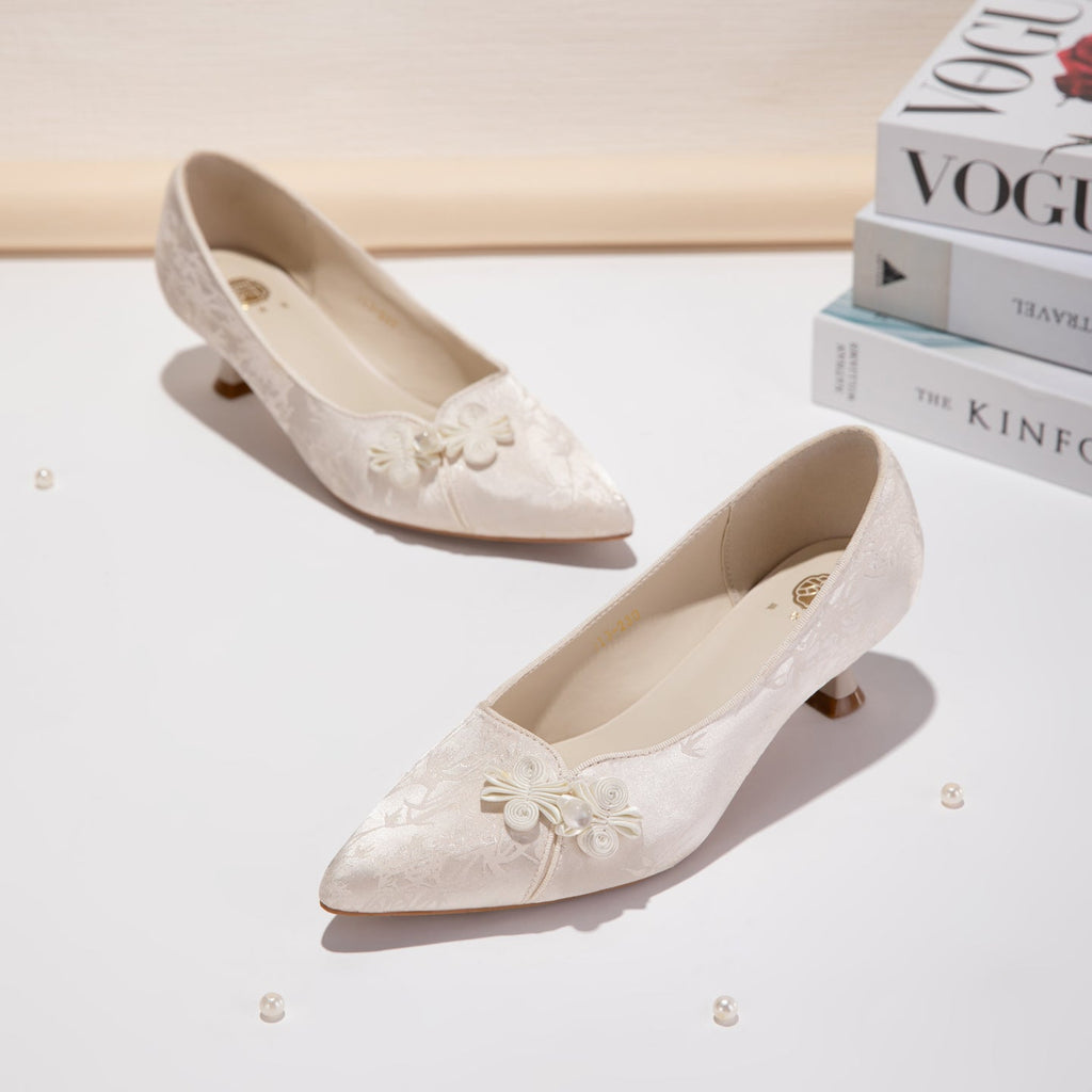 Women's Jacquard Pointed-Toe Kitten Heel Pumps | Floral Pearl Satin Dress Shoes