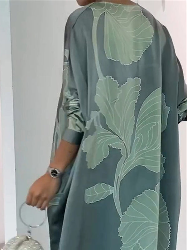 Long Sleeve Buttoned Muslim V-Neck Midi Dress with Contrast Color Flower & Leaves Print