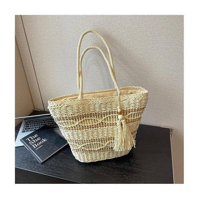 Fringed Beach Bag with Handwoven Straw - Handmade