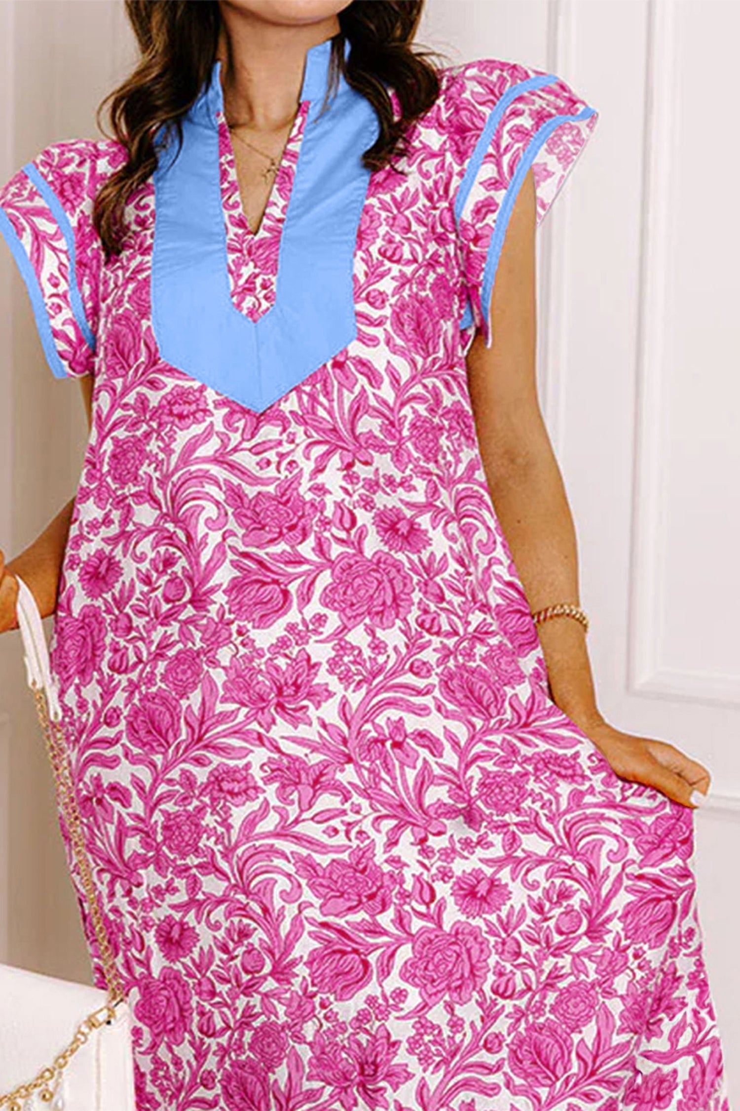 Pink Floral Print Color Block Patchwork V Neck Short Sleeve Midi Dress