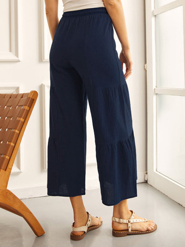 High Waisted Loose Drawstring Elasticity Pleated Solid Color Split-Joint Pants Trousers