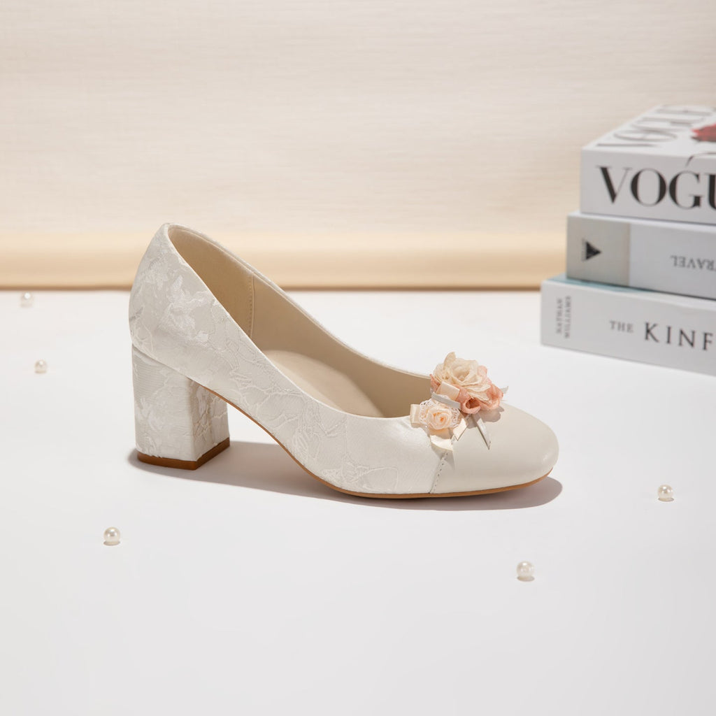 Women's Floral Block Heel Pumps | Square Toe Jacquard Dress Shoes