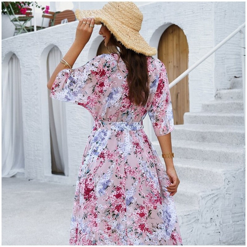Chic Floral Print Waist Dress
