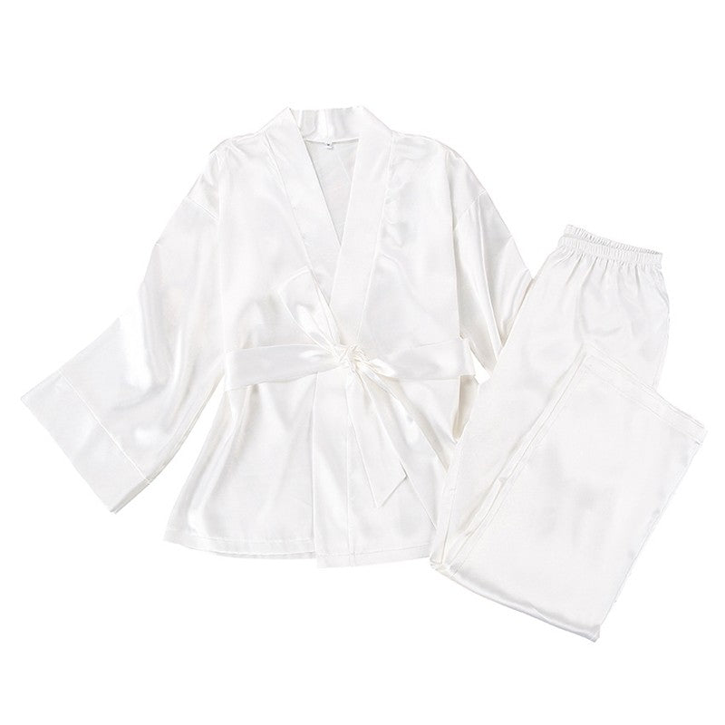 Solid Color Satin Lace-Up Robe and Pants Set